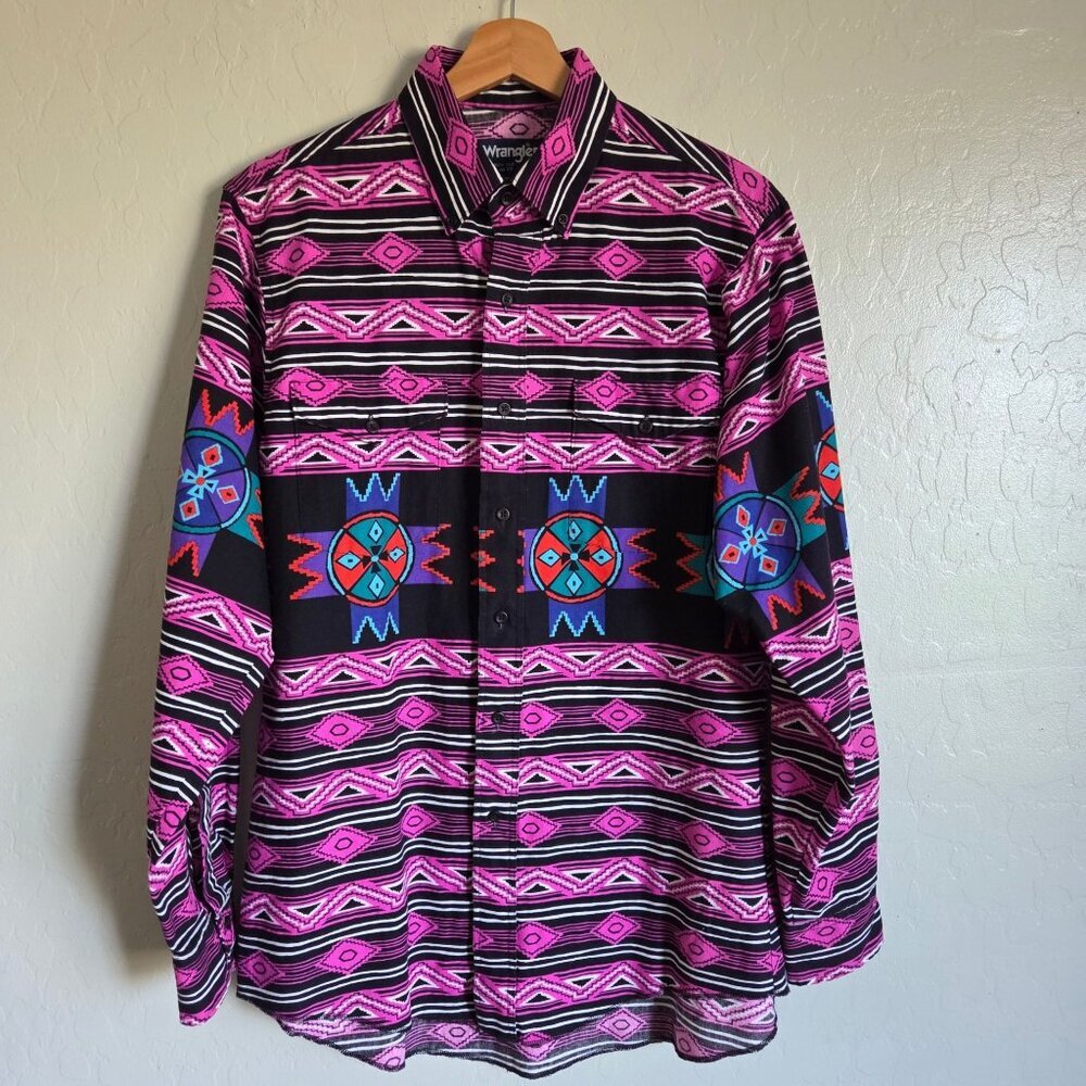 Wrangler Vintage 90's Men's Western Shirt Pink/Blk Southwestern Aztec Cowboy Cut